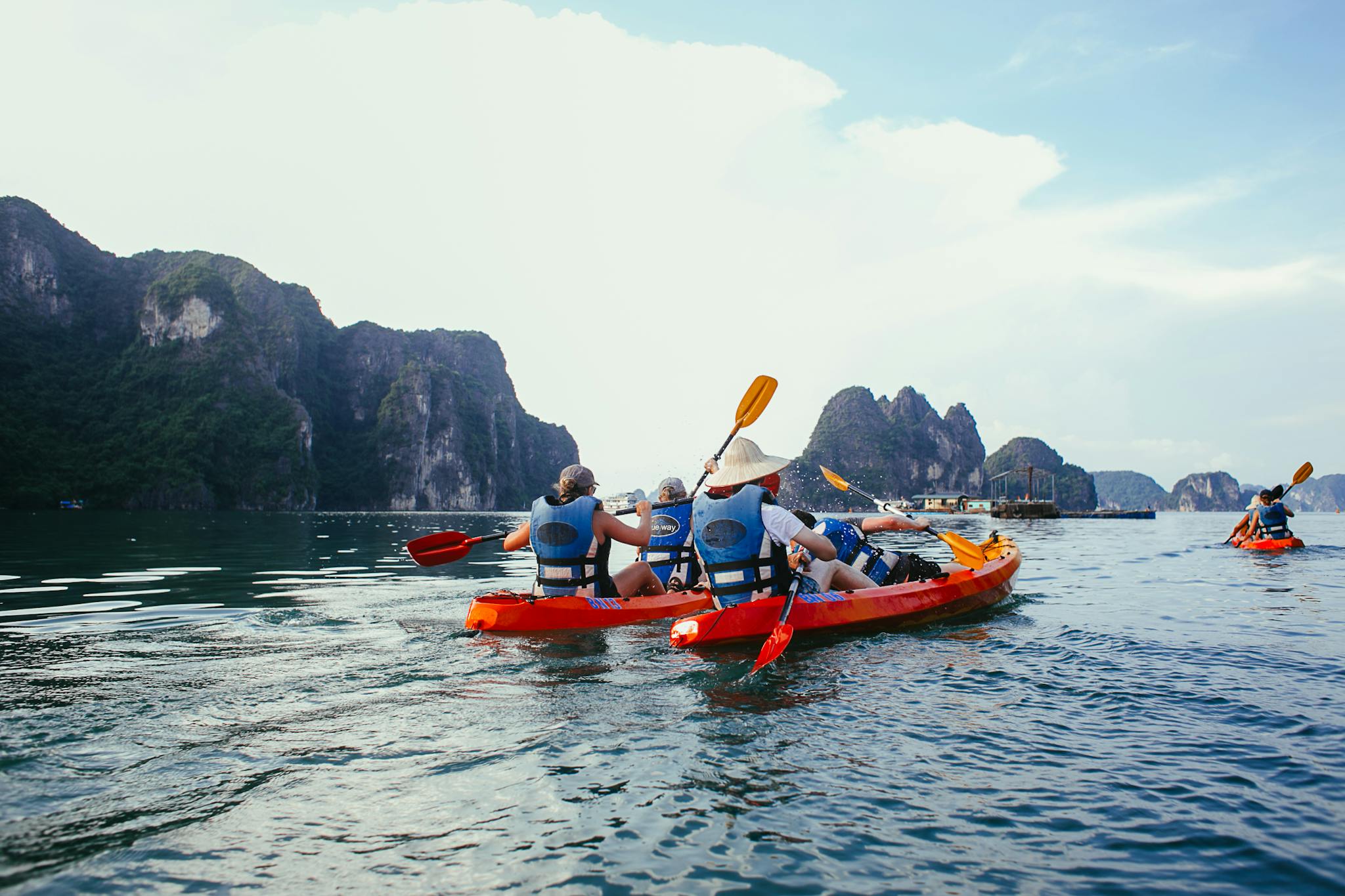 Group kayaking in a scenic ocean surrounded by rugged cliffs and calm waters.